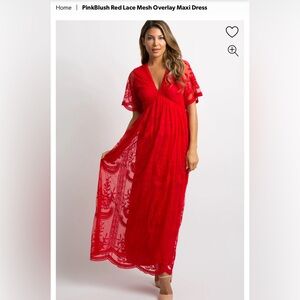 PinkBlush Red Lace Mesh Overlay Maxi Dress
